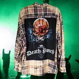 Upcycled Five Finger Death Punch Plaid Flannel Shirt - Brown and Black